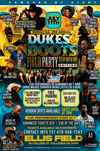 M_B show flyer · Dukes & Boots Field Party · Step With Me Edition · Ellis Field, Culloden GA · Jul 11