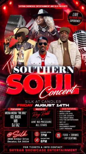 M_B show flyer · The Southern Soul Concert · Silk at Candler, Decatur GA · Aug 14
