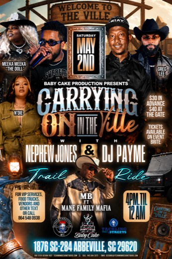 M_B show flyer · Carrying On In The Ville Trail Ride · MB ft. Mane Family Mafia · Abbeville SC · May 2