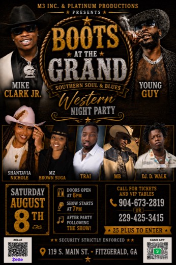 M_B show flyer · Boots at the Grand · Southern Soul & Blues Western Night Party · Fitzgerald GA · Aug 8