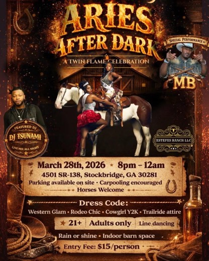 M_B show flyer · Aries After Dark · A Twin Flame Celebration · Estefes Ranch, Stockbridge GA · Mar 28