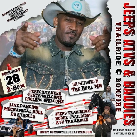 M_B show flyer · Jeeps ATVs & Baddies Trailride & Bonfire · Conyers GA · Feb 28
