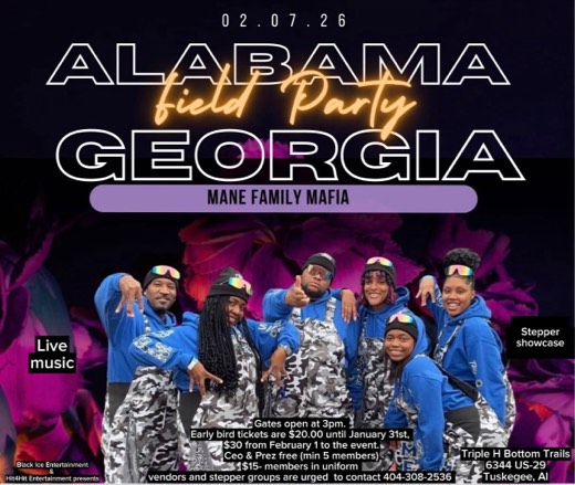 M_B show flyer · Alabama vs Georgia Field Party · Mane Family Mafia · Triple H Bottom Trails, Tuskegee AL · Feb 7