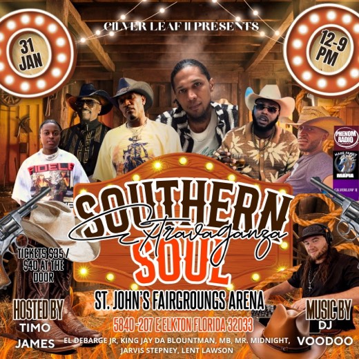 M_B show flyer · Southern Soul Extravaganza · St. John's Fairgrounds Arena, Elkton FL · Jan 31