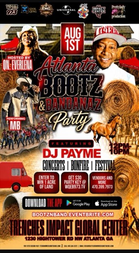 M_B show flyer · Atlanta Bootz & Bandanaz Party · Performing MB · Trenches Impact Global Center · Aug 1