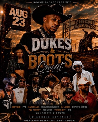 M_B show flyer · Dukes & Boots Concert · Boosie Estates, Palmetto GA · Aug 23