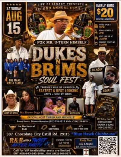 M_B show flyer · Second Annual Estill's Dukes N Brims Soul Fest · Blue Hawk Clubhouse, Estill SC · Aug 15