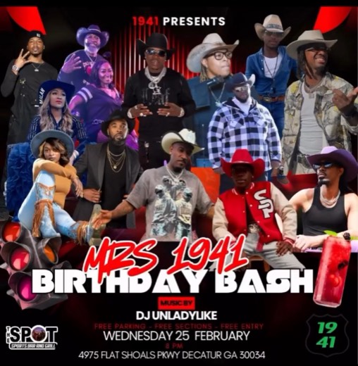 M_B show flyer · MZS 1941 Birthday Bash · The Spot, Decatur GA · Feb 25