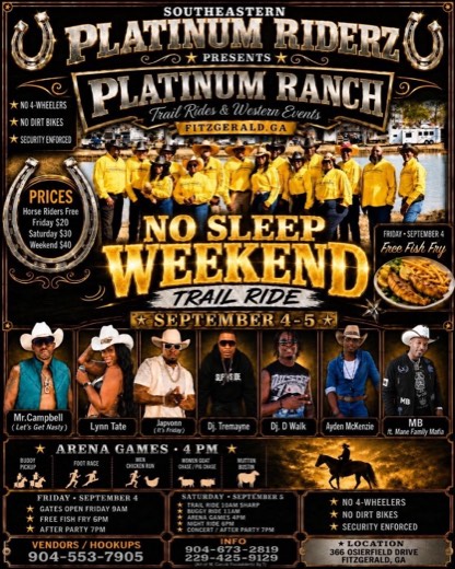 M_B show flyer · No Sleep Weekend Trail Ride · Platinum Ranch, Fitzgerald GA · Sep 4-5