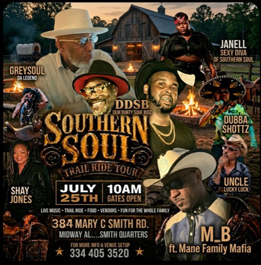 M_B show flyer · Southern Soul Trail Ride Tour · ft. Mane Family Mafia · Midway AL · Jul 25