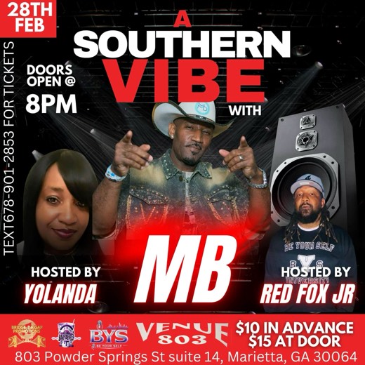 M_B show flyer · A Southern Vibe with MB · Venue 803, Marietta GA · Feb 28