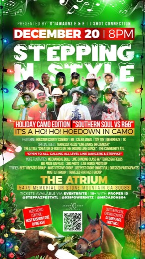 M_B show flyer · Stepping N Style · Ho Ho Hoedown in Camo · The Atrium, Stone Mountain GA · Dec 20